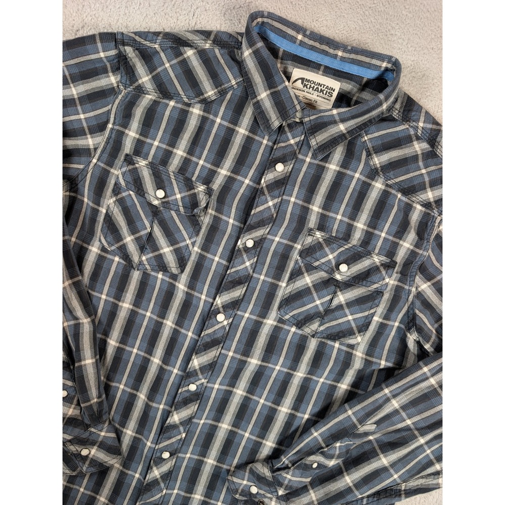 Mountain Khakis Rodeo LS Shirt Mens XL Blue Plaid Western Pearl Snap Cotton